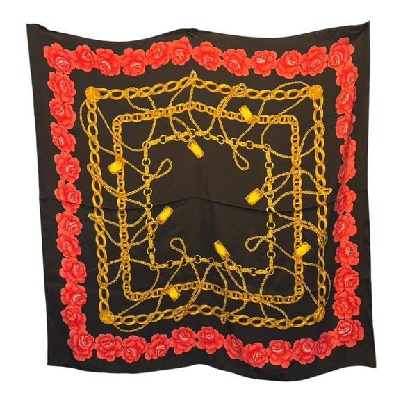Large Black Satin Scarf with Gold Chain Print & Red Floral Border Square Scarf - Picture 7 of 12